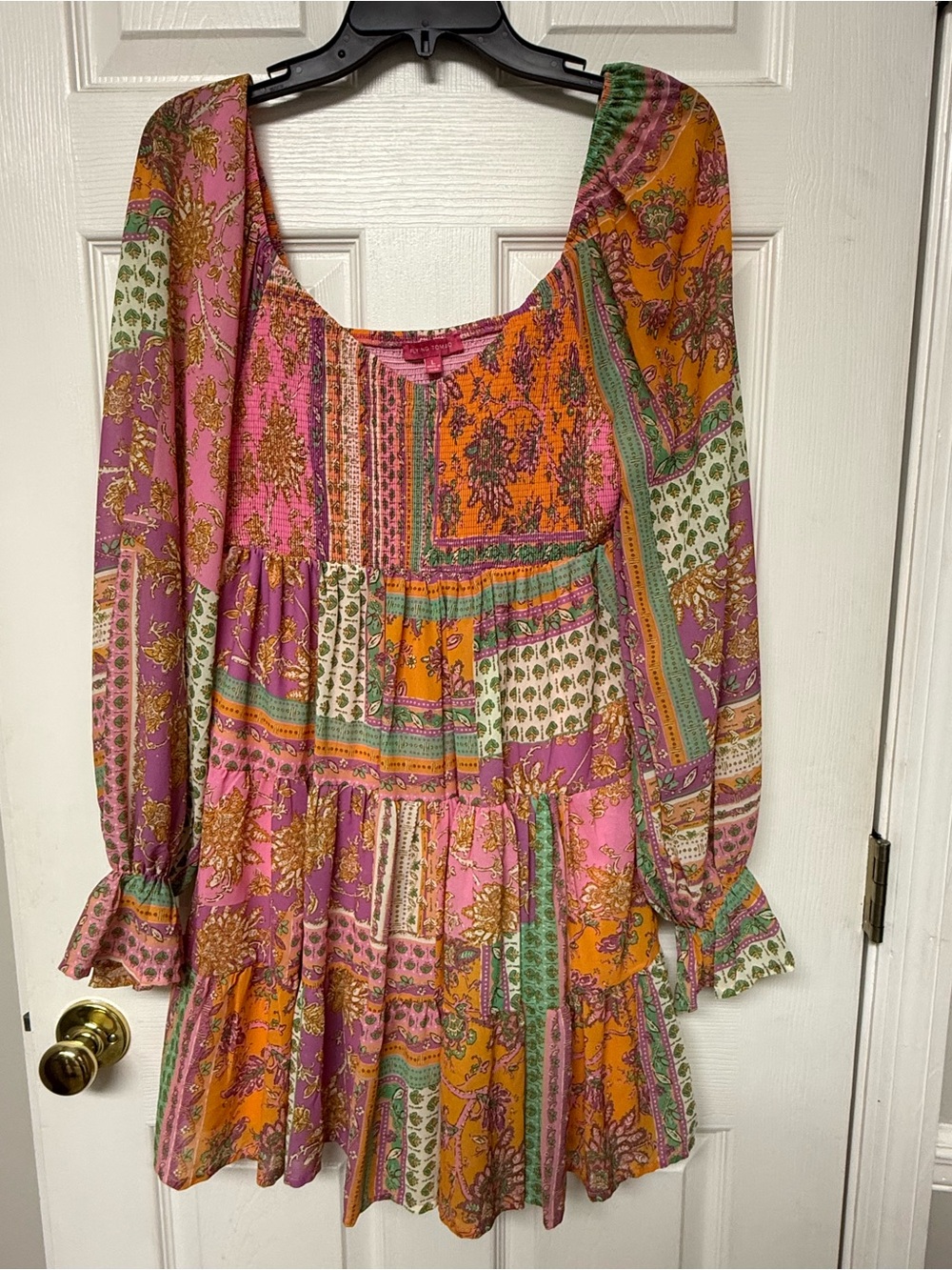 Flying Tomato Boho Patchwork Paisley Babydoll Mini Dress L Pink Orange